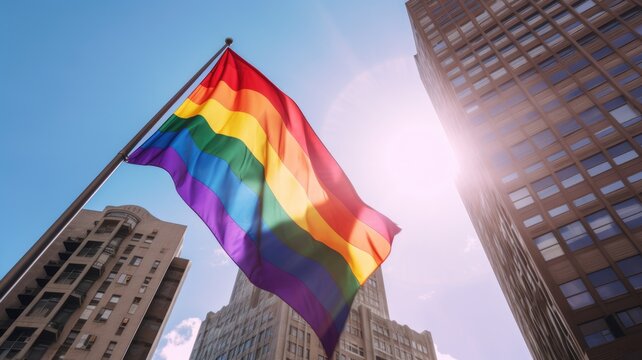 In city downtown, looking up to the sky, LGBT flag a rainbow colored flag. Generative AI image weber.