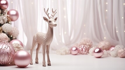 The classic Golden deer near the fireplace, pink glass balls and toys, wooden decorations, a wool blanket, and a floor lamp are the elements of the Scandinavian Christmas or New Year's background.