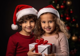 Fototapeta na wymiar Children holding Christmas presents smiling happily
