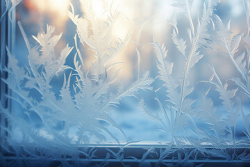 frost-covered window with close-up details of frost patterns, with an Arctic or wintry landscape visible through the glass, creating a dreamy and atmospheric scene. - obrazy, fototapety, plakaty