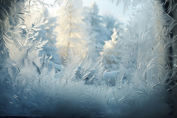 frost-covered window with close-up details of frost patterns, with an Arctic or wintry landscape visible through the glass, creating a dreamy and atmospheric scene.