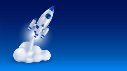 3d realistic Rocket or spaceship launch with white smoke on blue background. Start up, launch new project, business challenge or achievement concept. Vector illustration
