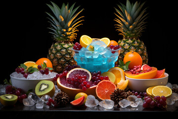 Photograph a buffet table near Santa Claus featuring a variety of exotic fruits frozen in ice sculptures, creating an enticing and visually striking display for holiday celebration