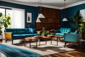 Stick to a classic mid-century color palette. Pair the white sofa and blue leather chairs with warm, earthy tones like mustard yellow, avocado green, and teak wood.