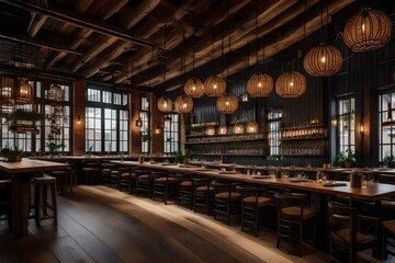 rustic-inspired restaurant interior that pays homage to local craftsmanship and cuisine. - obrazy, fototapety, plakaty