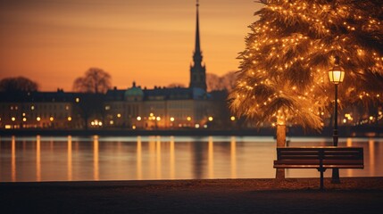 A Photograph capturing the serene warmth of a street light's golden glow against the dusky backdrop of Alster Lake, with a whimsical Christmas tree standing tall