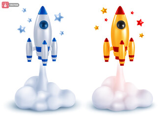 3d realistic Rocket or spaceship, blue or yellow red colored, launch with smoke isolated on white background. Start up new project, business challenge or achievement concept. Vector illustration