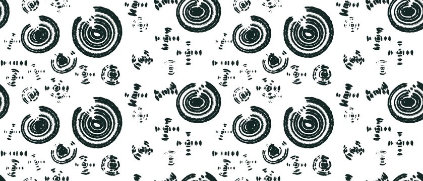 Seamless abstract textured pattern. Simple background black and white texture. Digital brush strokes, circles, dots, spots. Design for textile fabrics, wrapping paper, background, wallpaper, cover.