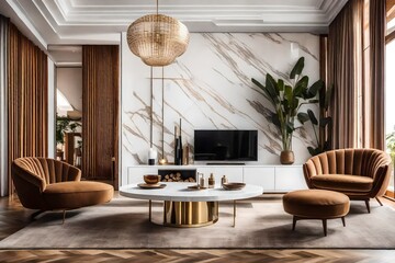 Embrace the charm of a modern living room with a white sofa, brown lounge chairs, and circular coffee tables. Explore the mid-century home interior design, characterized by the striking marble wall.