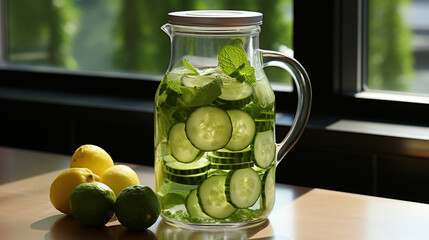 A close up of a cucumber infused water pitcher UHD wallpaper Stock Photographic Image