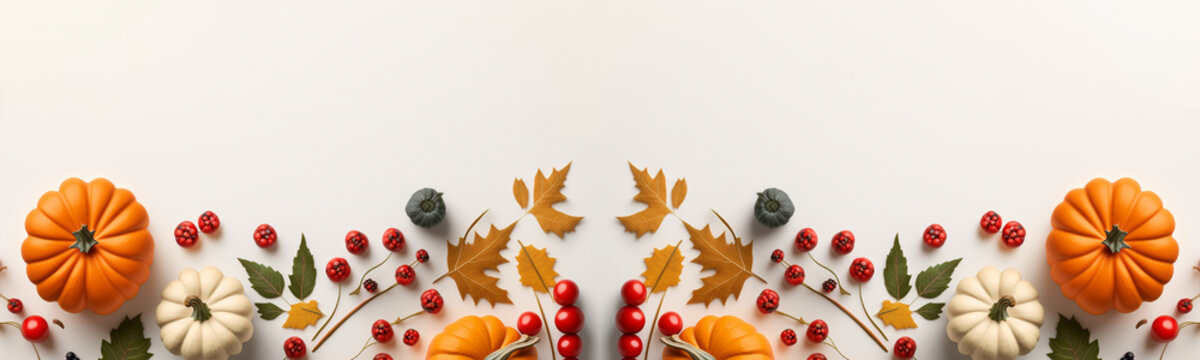 Autumn cozy seamless of pumpkins and leaves. Festive autumn decor from pumpkins, berries and leaves on white background. Concept of Thanksgiving day or Halloween. a Flat lay autumn composition