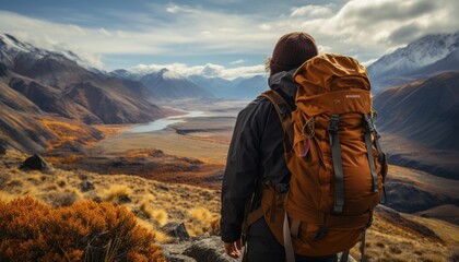 Backpacker hiking by the Trailhead overlooking. Adventure tones