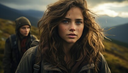 Teenagers hiking by the Youth hostel overlooking. Coming of age tones