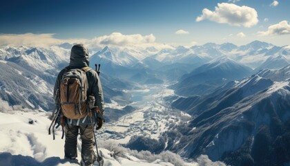 Skier hiking by the Ski slopes overlooking. Snowy tones