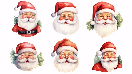Set of Watercolor Illustration: Portrait of Santa Claus on white background