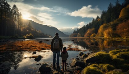 Fototapeta premium Father/son hiking by the Fishing dock overlooking. Bonding tones