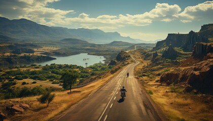 Fototapeta premium Motorcyclists hiking by the Highway overlooking. Open road tones