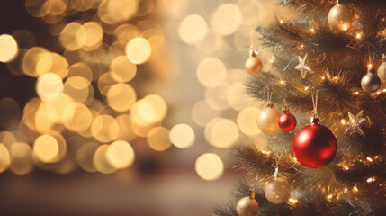 Fototapeta premium decorated Christmas Tree. Xmas tree. With gold and red Baubles And Blurred Shiny Lights