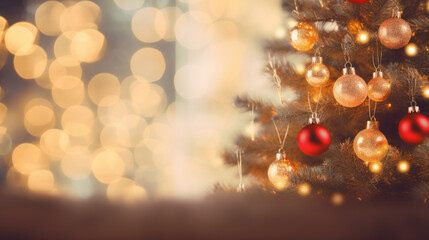 Fototapeta premium decorated Christmas Tree. Xmas tree. With gold and red Baubles And Blurred Shiny Lights