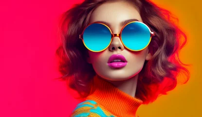 Fotobehang Portrait of a retro pop art fashion woman with colorful sunglasses © Tam