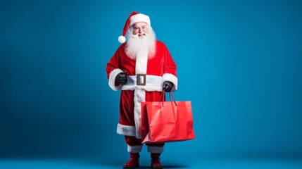 A Photograph of a whimsical Santa Claus, his vibrant red outfit contrasting against a bright blue background, joyfully strutting with his oversized gift wish bag