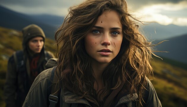 Teenagers hiking by the Youth hostel overlooking. Coming of age tones