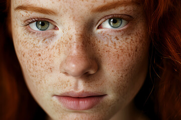Closeup freckled face of beautiful ginger young woman with candid look. Beauty and fashion concept.