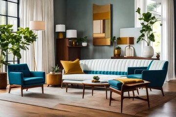Stick to a classic mid-century color palette. Pair the white sofa and blue leather chairs with warm, earthy tones like mustard yellow, avocado green, and teak wood.