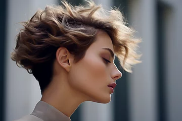 Foto auf Acrylglas Antireflex Young female model showing stylish short hairdo side view © Bonsales
