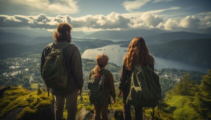 Extended family hiking by the Vacation rental overlooking. Reunion tones - obrazy, fototapety, plakaty