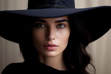 Fashion model woman in black elegant black hat with wide broad brim
