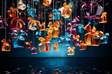 photo of New Year's gifts attached to colorful ribbons, soaring through the air, creating a playful and vibrant scene that embodies the spirit of the season.