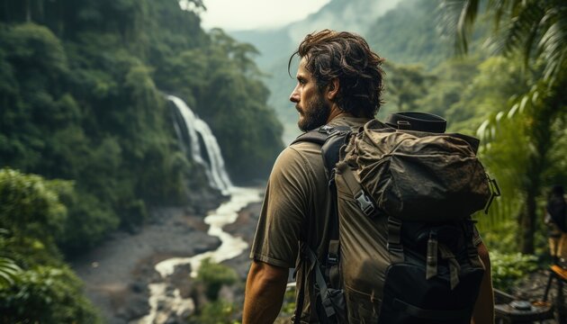 Nature vlogger hiking by the Jungle overlooking. Lush tones