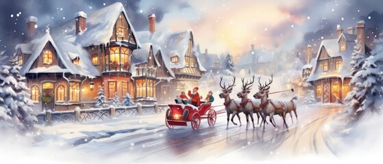 santa on a sledge with reindeer in the town. water color. generative ai