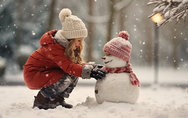 Fototapeta na wymiar A kid making a snowman 