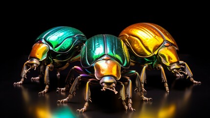 On a black background, three sacred scarab beetles roll a ball. Coleoptera. Scarabaeus. Scarabaeidae. - obrazy, fototapety, plakaty