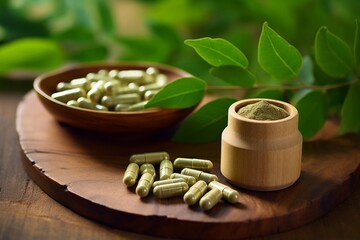 Wooden bowl of moringa capsules, powder and fresh leaves on the table. Superfood, dietary supplement.