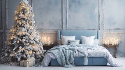 Christmas tree in the bedroom with a blue bed.