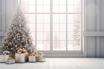 Empty white room and Christmas tree with presents in room with large window.