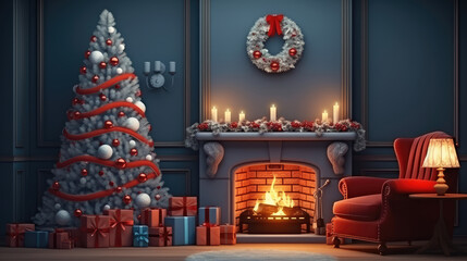 Fototapeta premium Christmas living room with fireplace and Christmas tree.