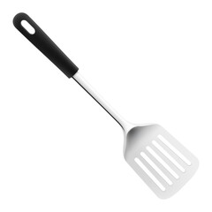 Kitchen Spatula Stainless steel isolated on white background. A silver metal cooking spatula with black handle. Realistic 3D vector illustration. Kitchen utensils for cooking, tableware