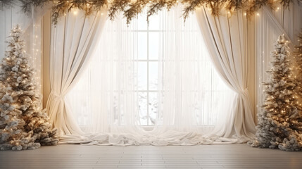 Christmas interior with white curtains, Christmas trees and snowflakes.