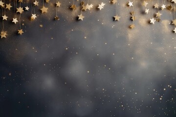 Abstract festive dark background with gold stars. New year, birthday, holidays celebration.
