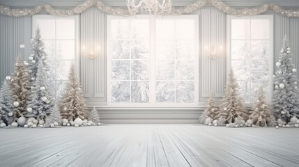 White room with christmas trees and snowflakes