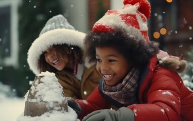 Children making snowman on Christmas