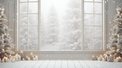 Beautiful Christmas interior with a large window.
