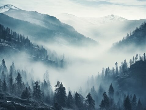 Mountain and forest Winter sunrise village in the fog and blue hills trees © Oksana Malenkova