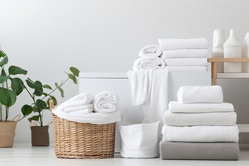Fototapeta na wymiar Fresh, white, fluffy towels are neatly folded in a clean, modern bathroom, providing comfort and hygiene.