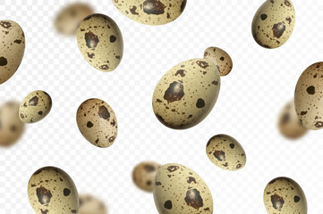 Obraz premium Flying quail eggs, isolated on white background. Falling spotted quail egg. Selective focus Can be used for advertising, packaging, banner, poster, print. Realistic 3d vector