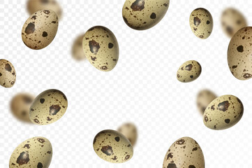 Flying quail eggs, isolated on white background. Falling spotted quail egg. Selective focus Can be used for advertising, packaging, banner, poster, print. Realistic 3d vector